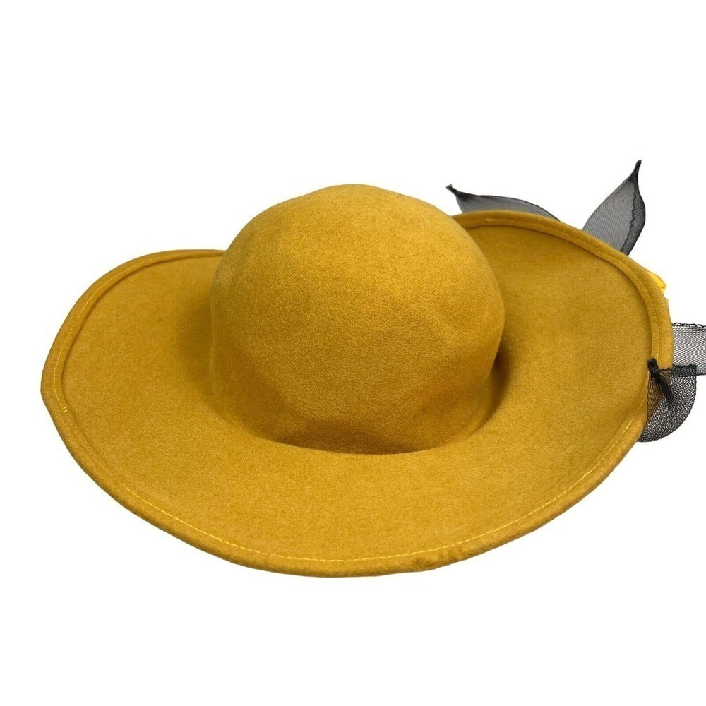 Floral Mustard Wool Felt Hat Women's Wide Brim Ribbon Flower Detailing Size 21in
